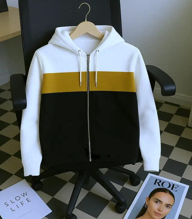 Cotton Blend Colorblocked Hooded Jacket for Men, White (S)