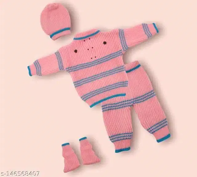 Woolen Striped Sweater with Pyjama & Cap with Socks for Kids (Pink, 0-3 Months)