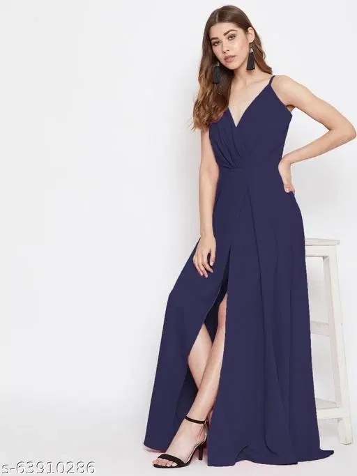 Crepe Solid Dress for Women, Navy Blue (S)
