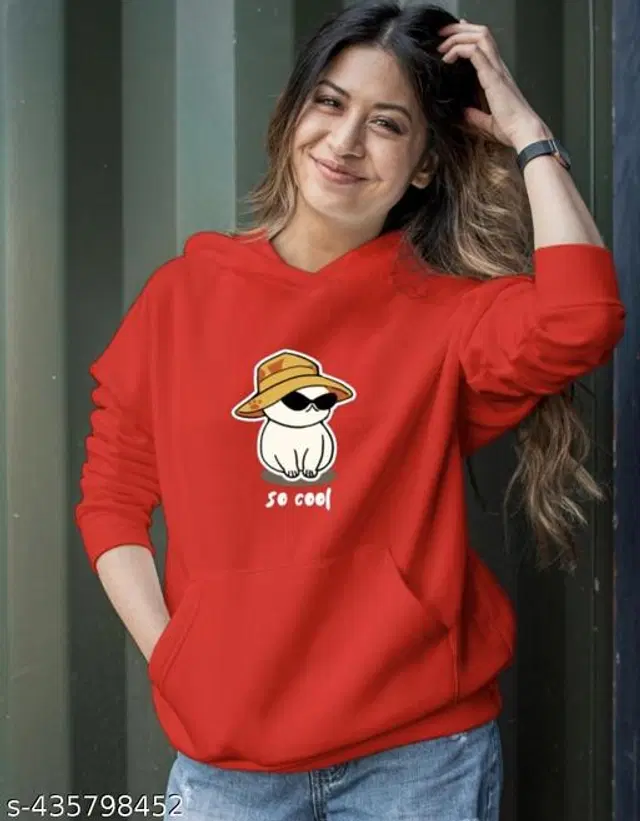 Fleece Printed Hoodie for Women (Red, S)
