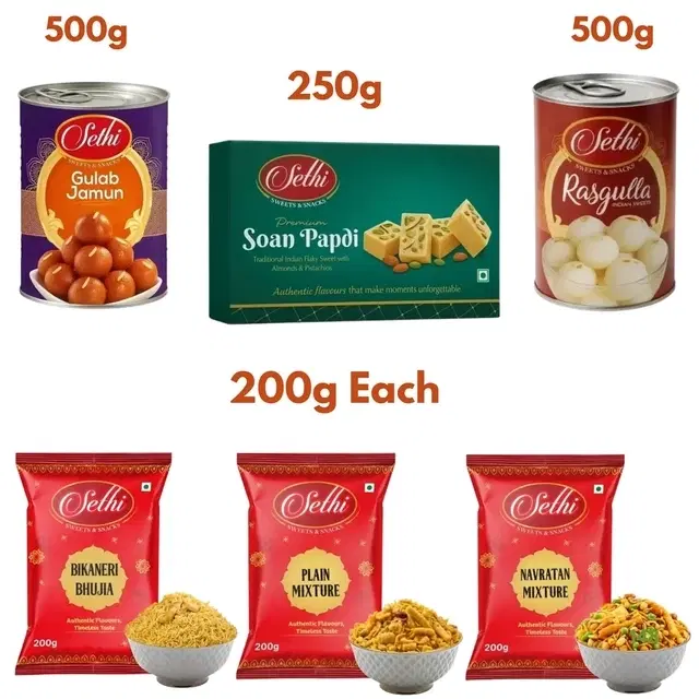 Sethi Rasgulla 500g + Gulab Jamun 500g + Soan Papdi 250g + Bikaneri Bhujia 200g + Plain Mixture 200g  + Navratan Mixture 200g