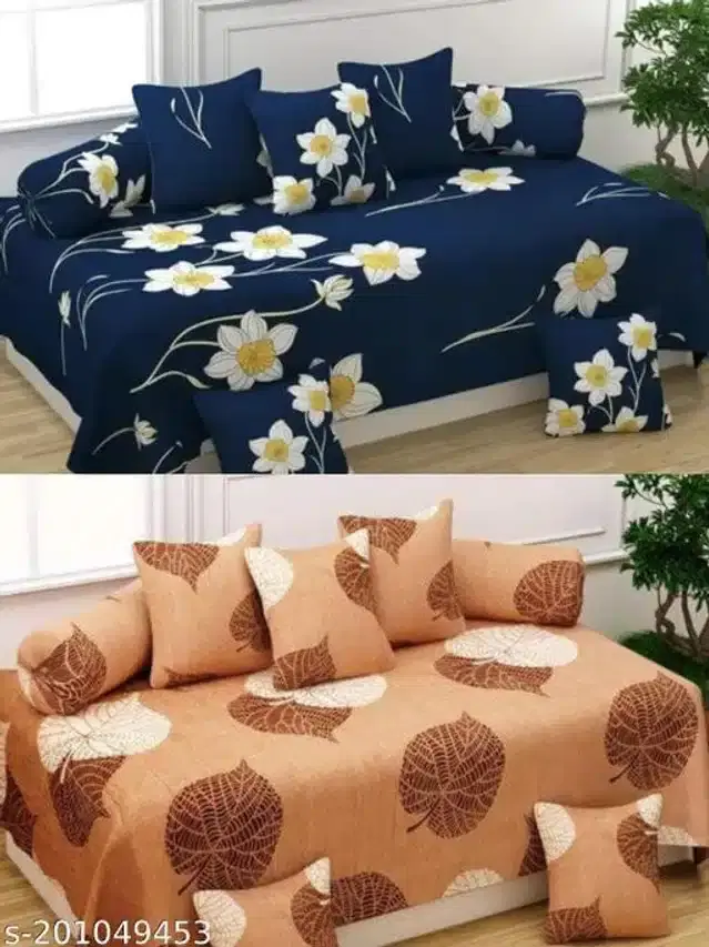 Polycotton Diwan Cover Set, Blue & Tan, Combo of 2