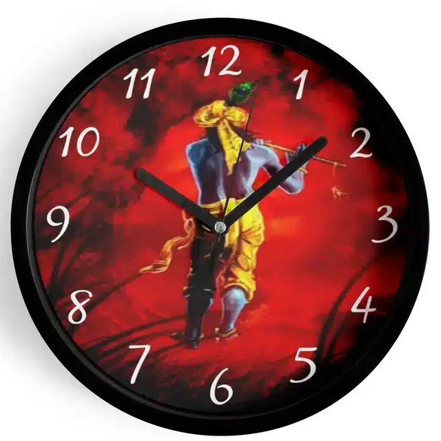 Analog Lord Krishna Wall Clock for Home, Black, 7 Inches
