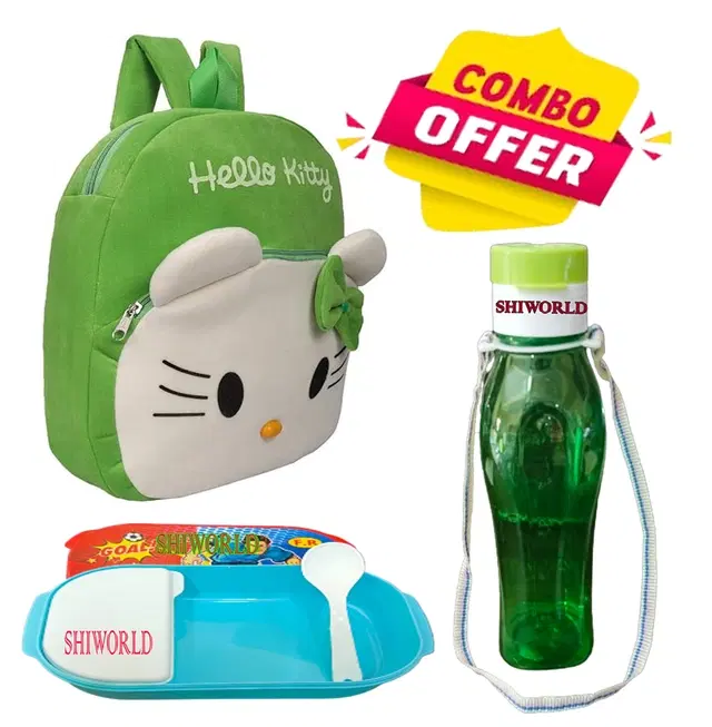 Combo of Fabric School Bag, Water Bottle with Lunch Box for Kids, Multicolor, Set of 3