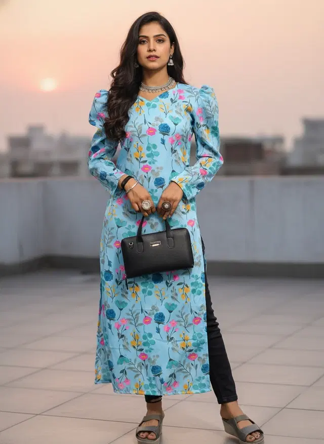 A-line Kurti for Women (Blue, XS)