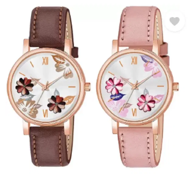 Leather Strap Analog Watch for Women & Girls, Pack of 2 (Multicolor)