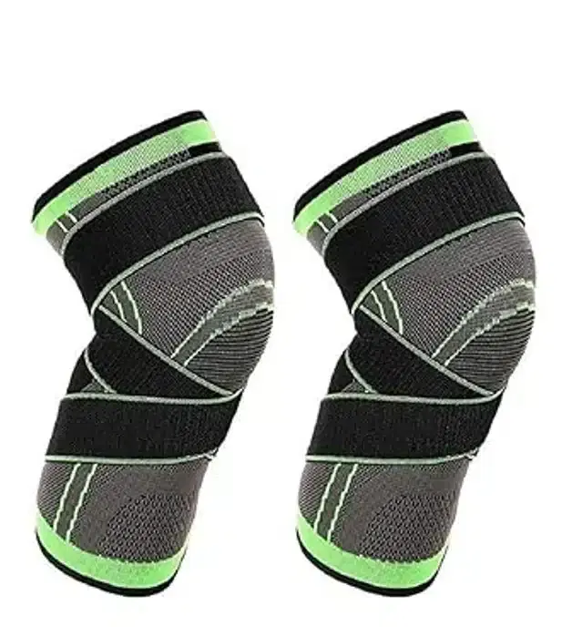 Cotton Elastic Knee Support Sleeves for Men & Women, Green & Black, Pack of 2