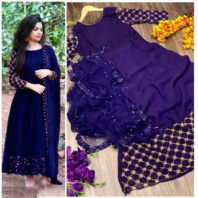 Women's Solid Anarkali Gown (Blue, M)