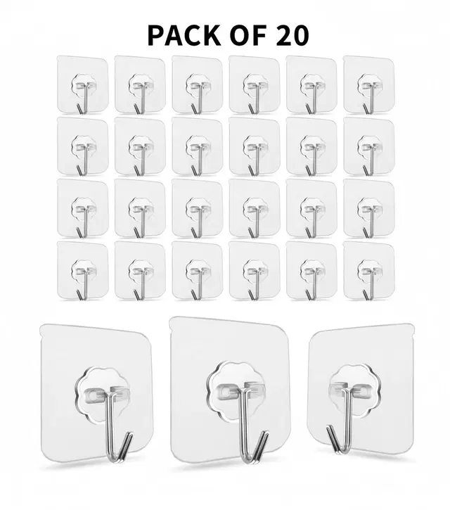 Plastic Wall Hooks, Transparent (Pack of 20)