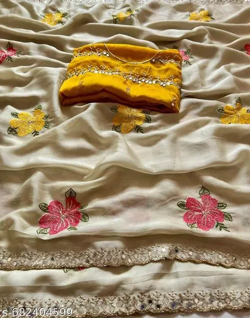 Sequinned Floral Bangalori Silk Sewing & Embroidery (White, Free Size)