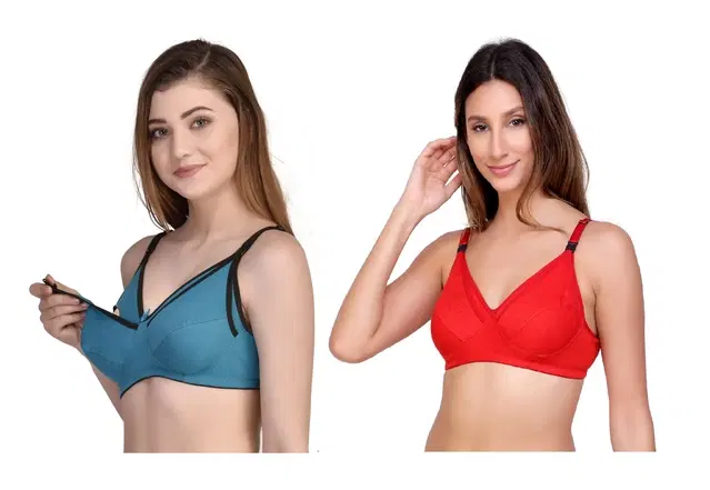 Cotton Blend Solid Non Padded Feeding Bras for Women, Pack of 2 (Multicolor, 32)
