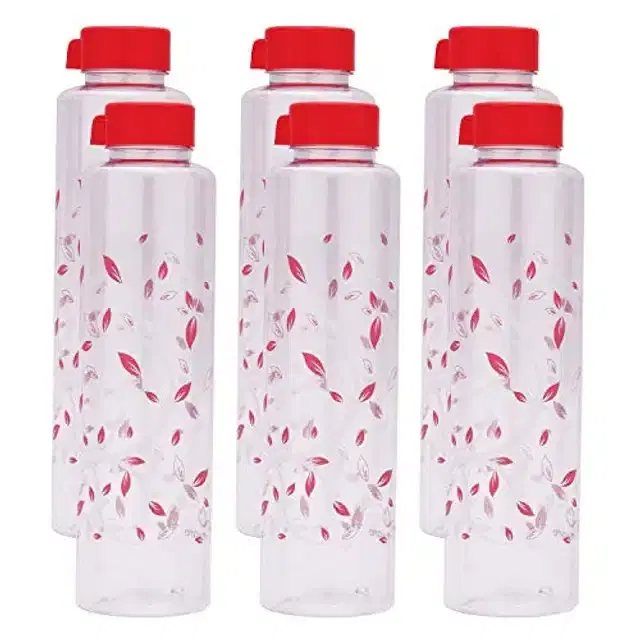 Airtight Plastic Water Bottle with Lid, Silver & Red, 1000 ml, Pack of 6