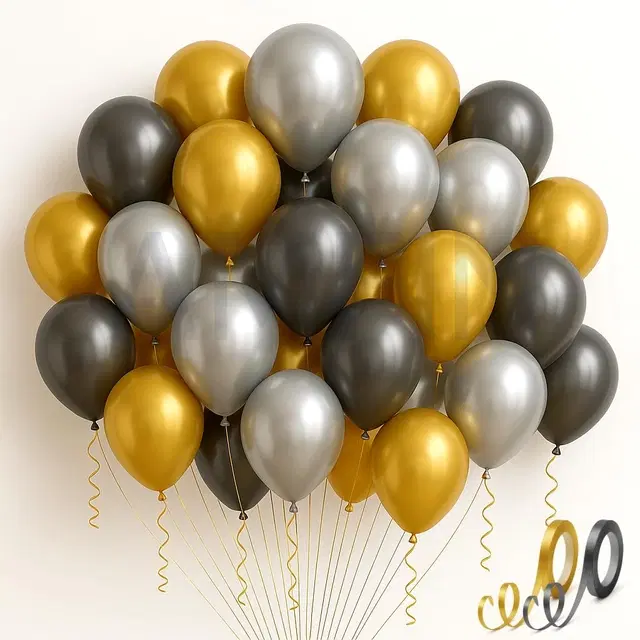 50 Pieces Metallic Balloons Of Golden (17pieces), Black (16pieces) & Silver (17pieces)