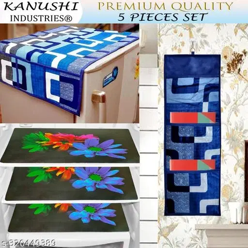 KANUSHI Industries® 1 Pc Fridge Cover for Top with 6 Utility Pockets (Blue Color)+ 3 Fridge Mats+1 Magazine holder (FRI+M-24+MGZ-HOLDER-BLUE-BOX)…