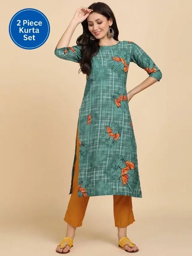 Crepe Printed Women's Kurta with Pant Set, Green (S)