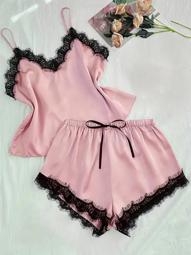 Satin Solid Nightsuit Set for Women (Baby Pink, Free Size)