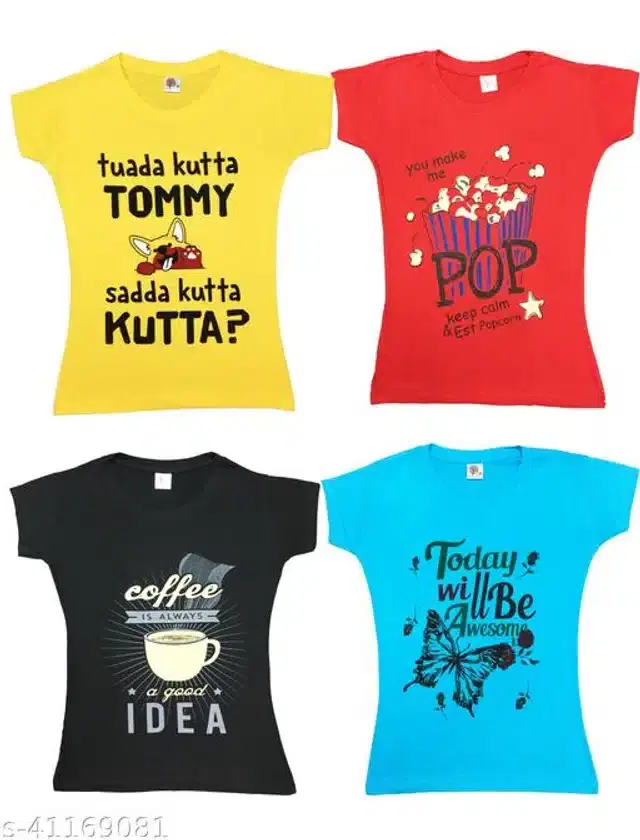 Cotton Half Sleeves T-Shirt for Girls, Pack of 4 (Multicolor, 9-12 Months)