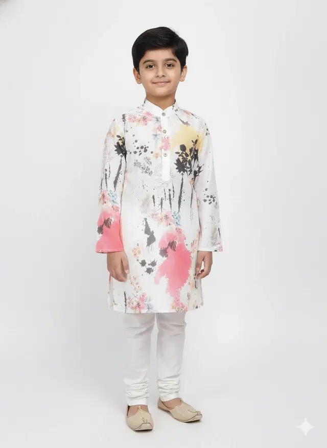 Silk Blend Printed Kurta & Paints Set for Boys , Cream (6-7 Years)