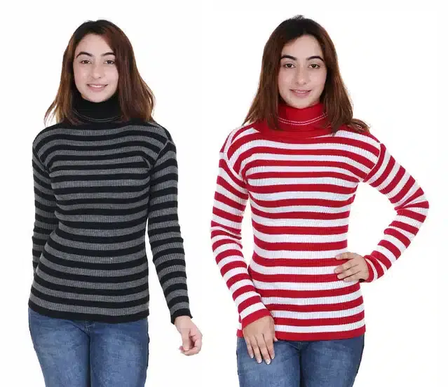 Full Sleeves Striped Sweater for Women, Pack of 2 (Grey & Red, S)