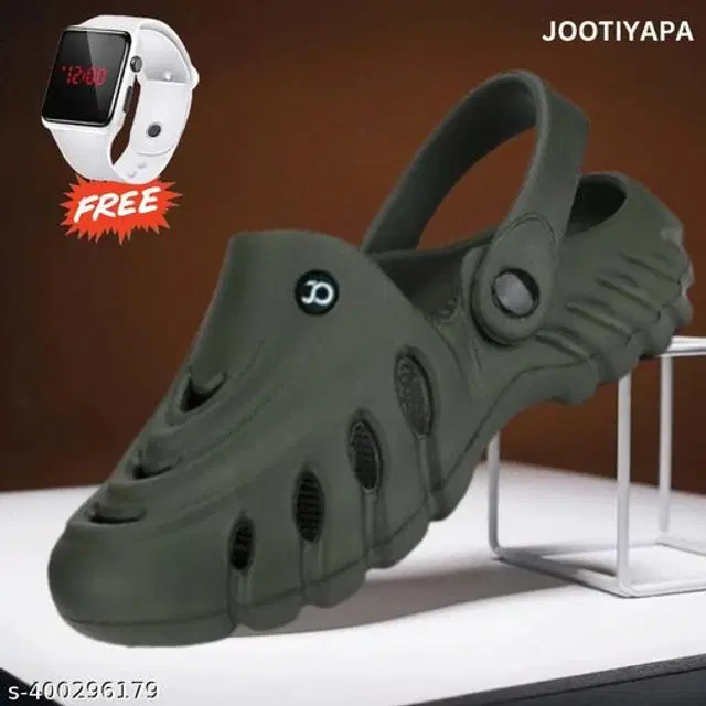 Clogs with Digital Watch for Men, Set of 2 (Olive, 10)