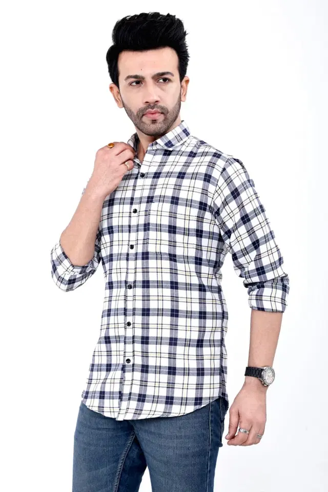 Cotton Blend Checked Shirt for Men, White (M)