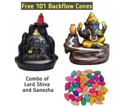 Combo of Ganeshji & Mahadev Idol Smoke Fountain with 101 Pcs Backflow Incense Cones, Multicolor, Set of 2