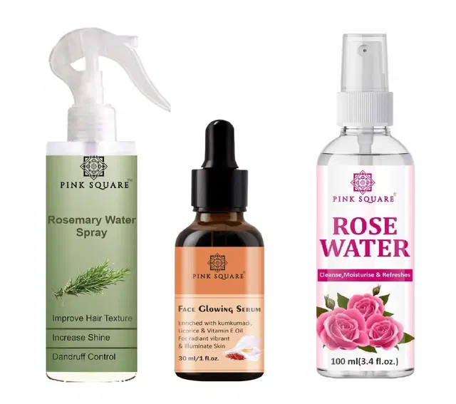 Pink Square Rosemary Hair Spray, 100 ml with Face Glowing Serum, 30 ml & Rose Water, 100 ml, Set of 3