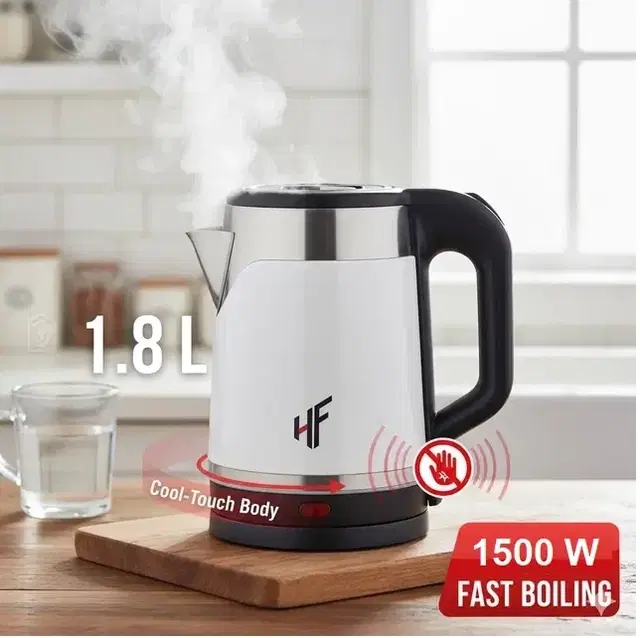 HF Steel Cooltouch Body Electric Kettle (1.8 L, 1500W, White & Black)