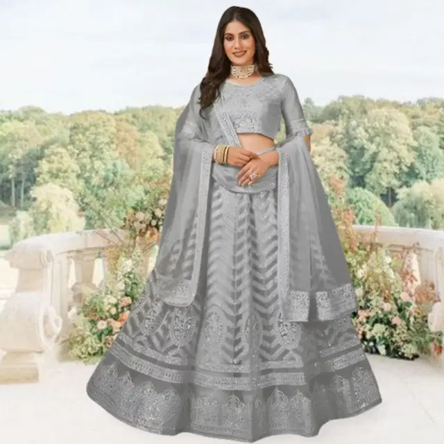 Net Embroidered Semi Stitched Lehenga for Women (Grey)