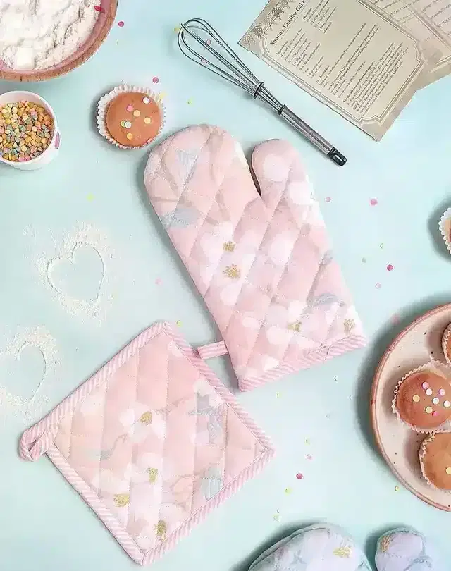 K Kudos Home Oven Mitt And Pot Holder Set Heat Resistant Kitchen Gloves Soft Cotton Lining Potholders Modern Style Durab