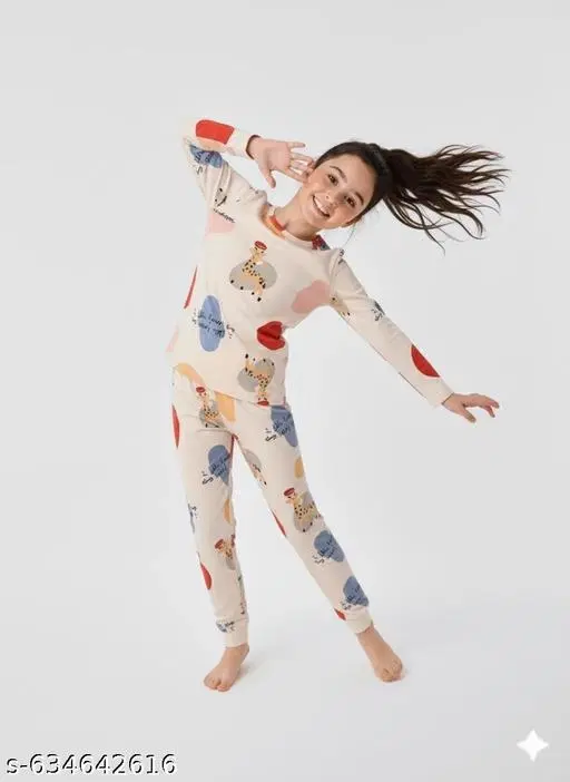 Cotton Blend Night Suit for Girls (Cream, 4-5 Years)