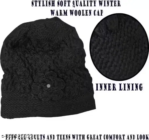 Woolen Solid Cap for Women (Black, Pack of 1)