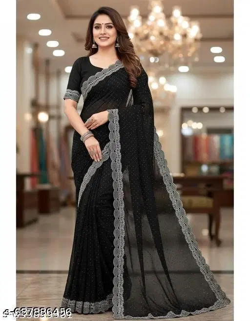 Chiffon Embellished Saree For Women, Black