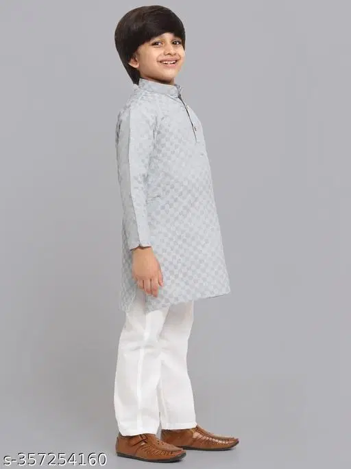 Cotton Blend Kurta with Pyjama for Boys (Grey & White, 7-8 Years)
