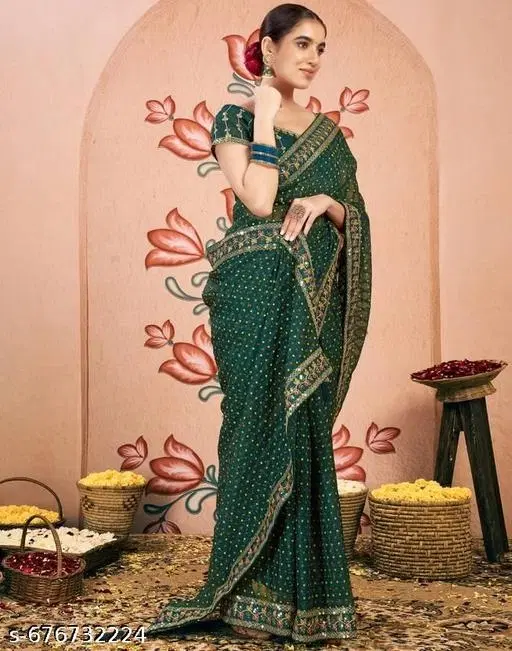 Chiffon Embroidered Saree For Women, Green