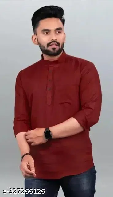 Cotton Blend Solid Short Kurta for Men, Maroon (M)
