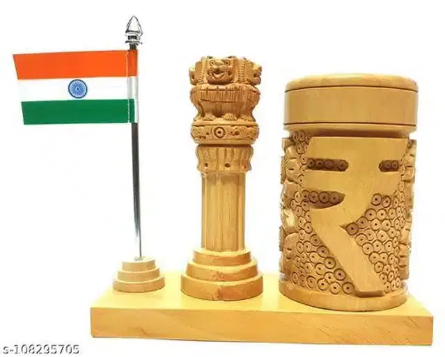 Wooden Ashoka Stambh with Flag Stand, Brown