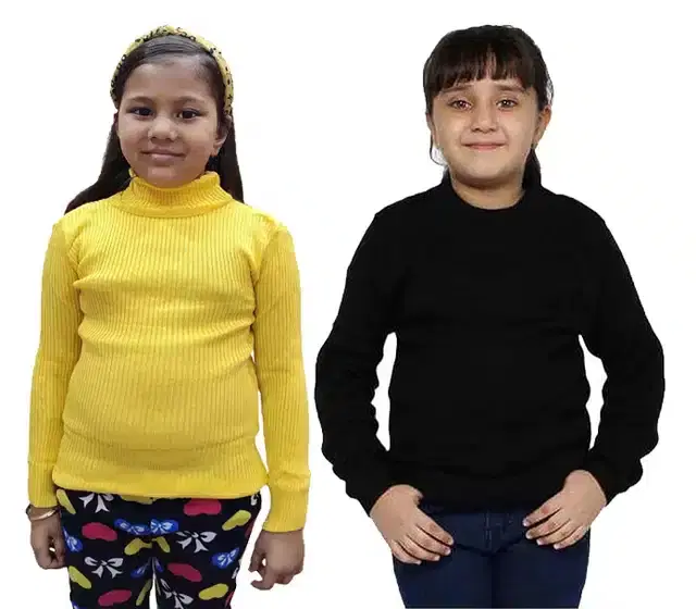 Full Sleeves Solid Sweater for Girls, Pack of 2 (Yellow & Black, 0-3 Months)