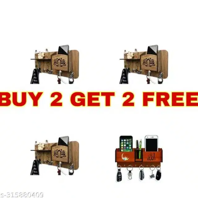 Wooden Key Holder, Brown, Pack of 4