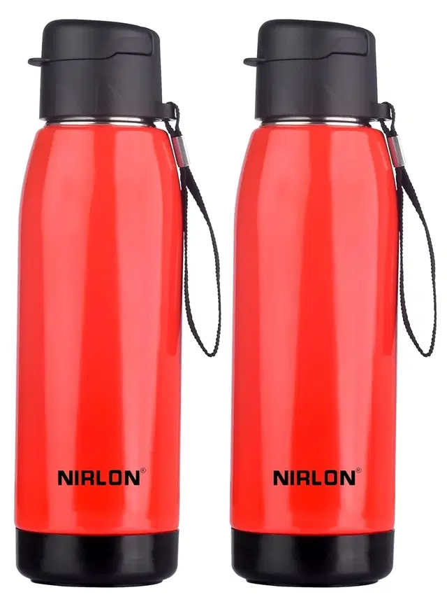 Nirlon Electro Pu Insulated Stainless Steel Inner Side Set Of 2, 750Ml, Break Proof, Leak Proof, Hot & Cold Water Bottle For Home| School | Office | Gym | Hiking | Travel Bottle (Red)