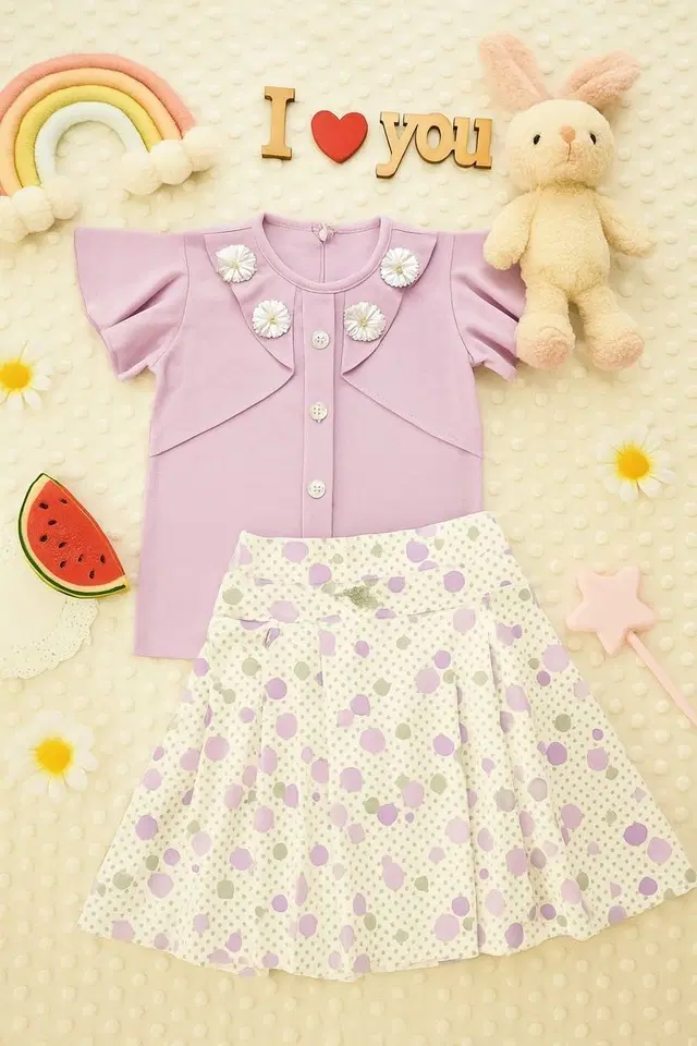 Polyester Printed Clothings Set for Girls, Lavender & White (32)