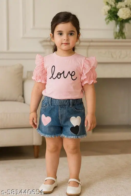 Hosiery Cotton & Denim Printed Clothing Set for Kids, Pink & Blue (0-3 Months)