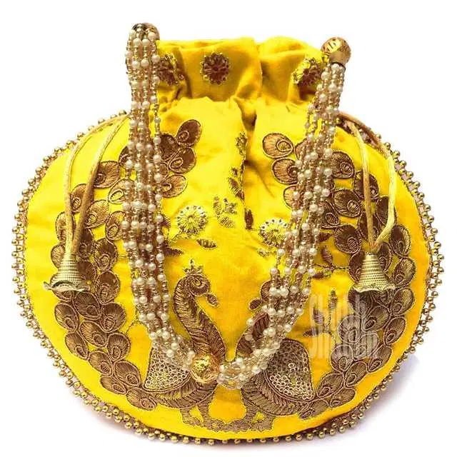 Cotton Silk Ethnic & Traditional Handheld Potli for Women, Yellow, A-56