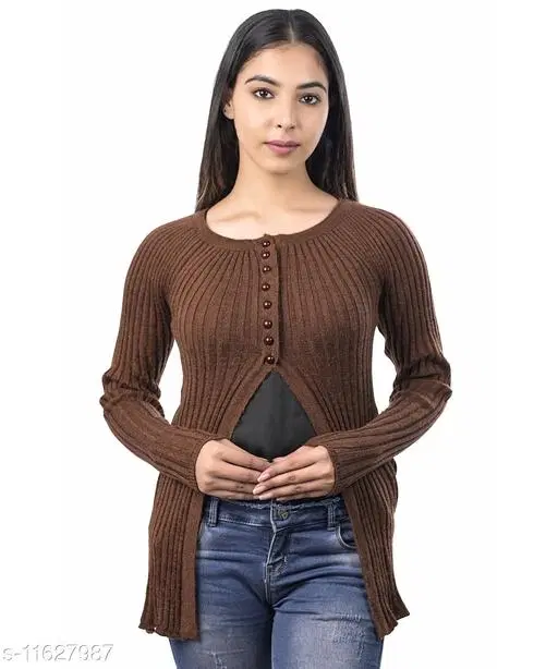 Acrylic Solid Sweater for Women (Brown, XL)