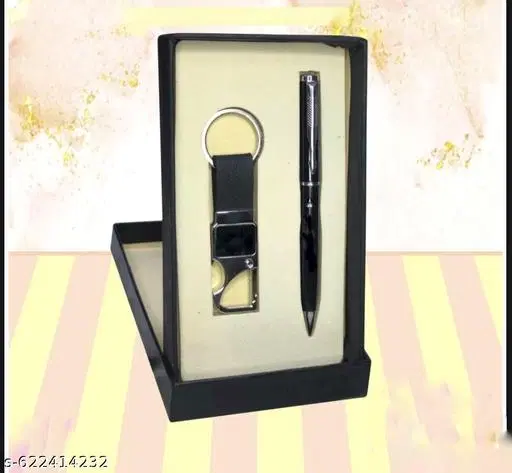 Cristal Filled Cap Black Colour Metal Keychain and Pen Gift Set
