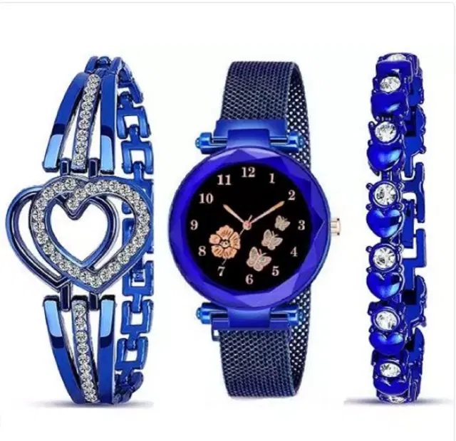 Analog Watch with 2 Pcs Bracelets for Women & Girls, Set of 3 (Blue)