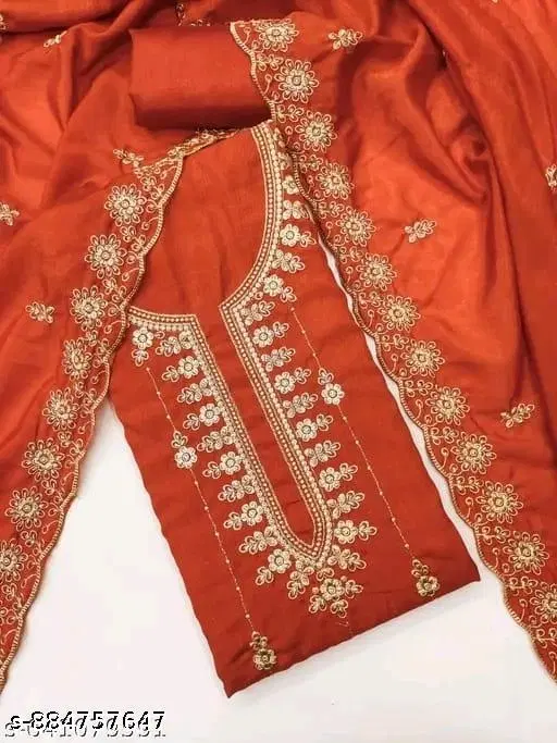 Vichitra Silk Embroidered Punjabi/All Over Suits for Women (Orange, Un Stitched)