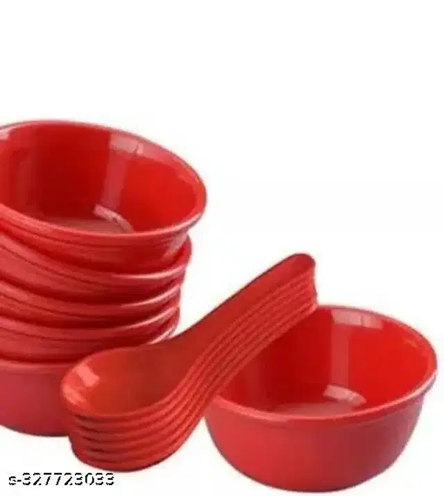 Plastic 6 Pcs Bowls, 250 ml with 6 Pcs Spoons, Red, Set of 2
