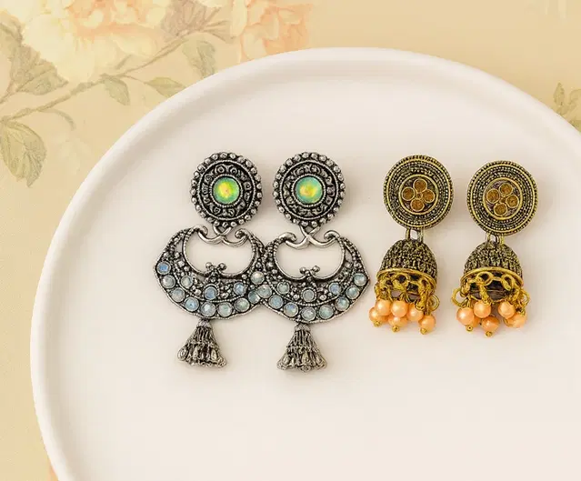 Women's Silver Oxidised Jhumka Earrings Combo with Mirror Work, Pack of 2