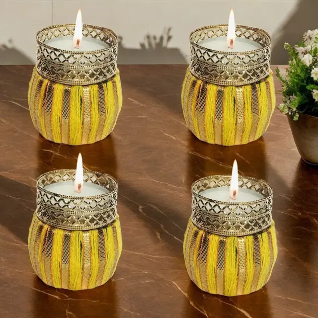 Metal Designer Tealight Candle Holder, Yellow, 4x4x5 cm, Pack of 4